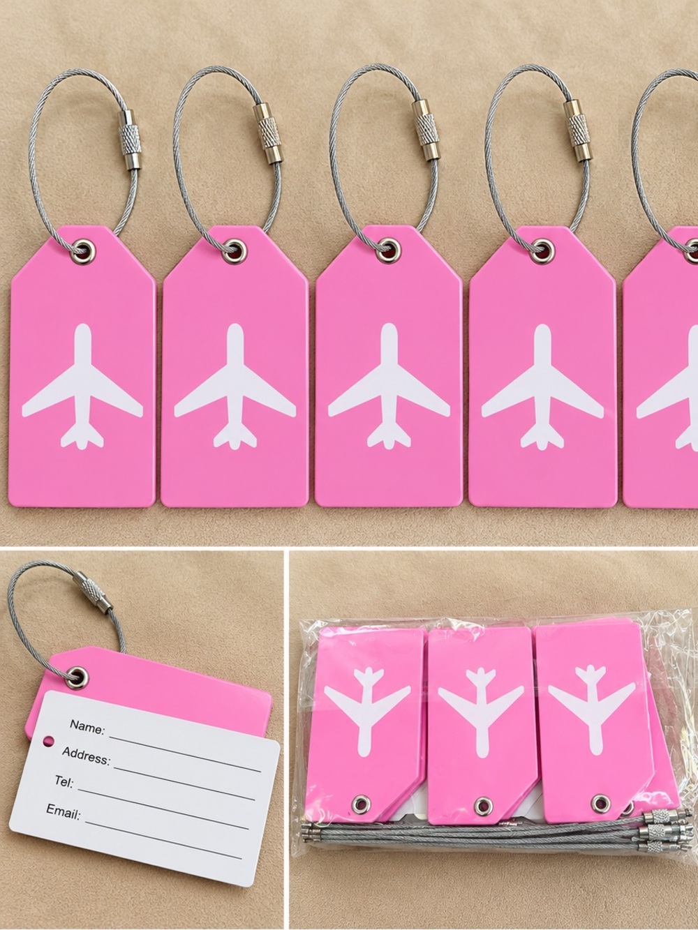 Pink Airplane Luggage Tags (6) with Cable Loop - Pack of Travel ID Tags